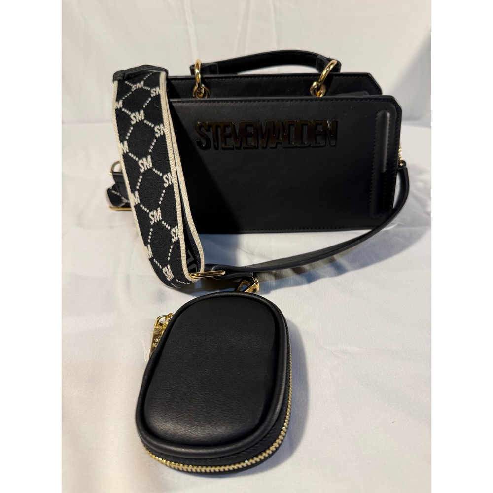Steve Madden Black Crossbody Bag with Logo Strap and Coin Purse Set